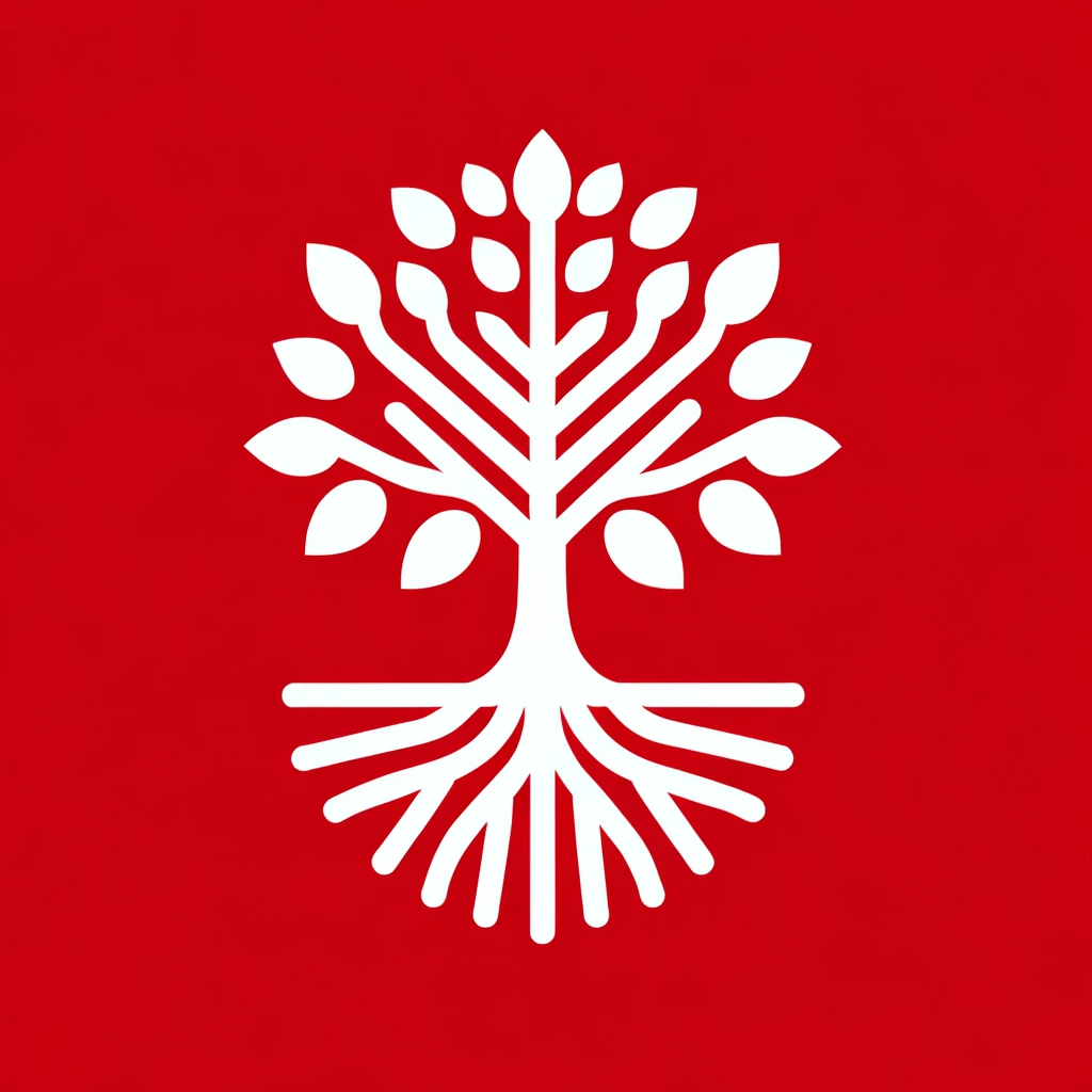 Iconic representation of Corporate Social Responsibility (CSR) Planning featuring a white tree with roots and leaves on a red background, symbolizing growth, sustainability, and the integration of CSR into business ethos